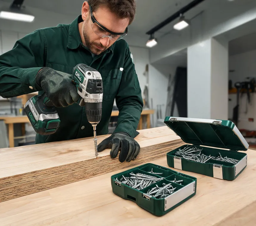 Contractor driving GRK structural screws into engineered lumber